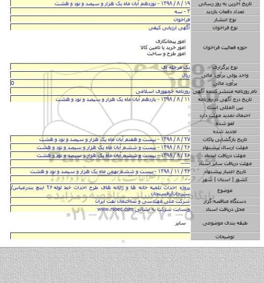 پروژه احداث تلمبه خانه ها و ژایانه های طرح احداث خط لوله ۲۶ اینچ بندرعباس/سیرجان/رفسنجان