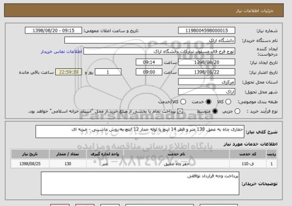 استعلام حفاری چاه به عمق 130 متر و قطر 14 اینچ با لوله جدار 12 اینچ به روش ماشینی - ضربه ای 