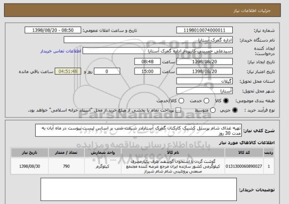 استعلام تهیه غذای شام پرسنل کشیک کارکنان گمرک آستارادر شیفت شب بر اساس لیست پیوست در ماه آبان به مدت 30 روز
