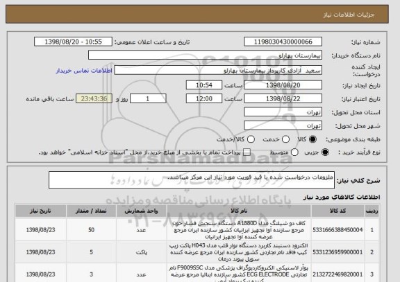 استعلام ملزومات درخواست شده با قید فوریت مورد نیاز این مرکز میباشد.
