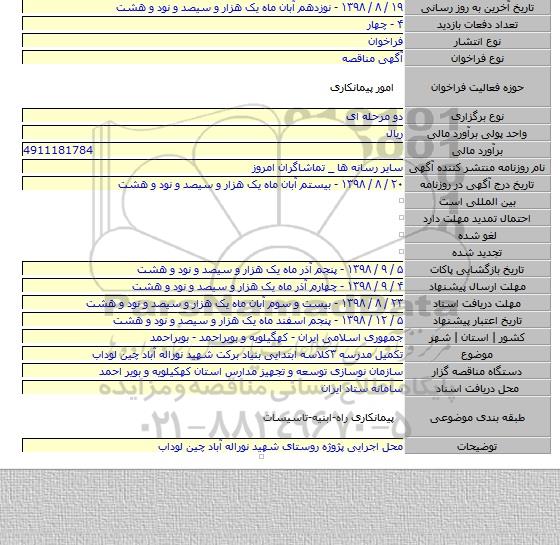 تکمیل مدرسه ۳کلاسه ابتدایی بنیاد برکت شهید نوراله آباد چین لوداب