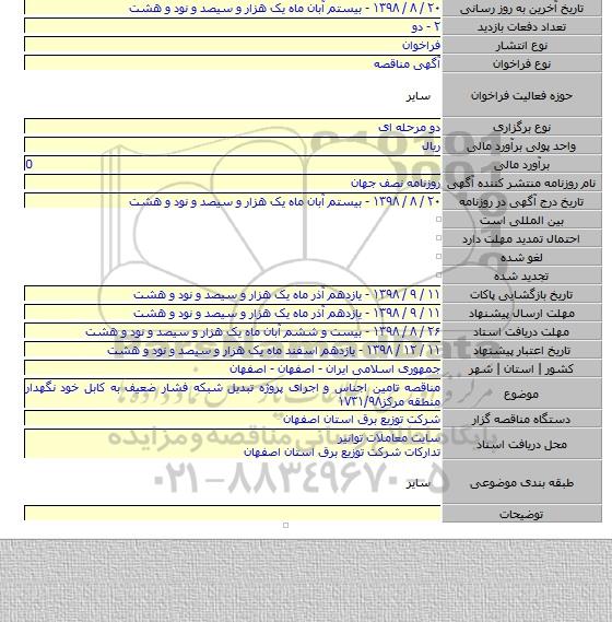 مناقصه تامین اجناس و اجرای پروژه تبدیل شبکه فشار ضعیف به کابل خود نگهدار منطقه مرکز۱۷۳۱/۹۸