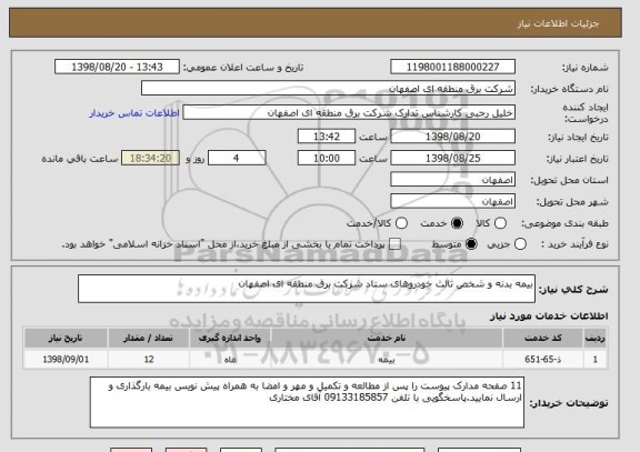 استعلام بیمه بدنه و شخص ثالث خودروهای ستاد شرکت برق منطقه ای اصفهان