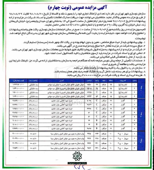 مزایده مزایده فروش املاک تجاری نوبت چهارم 
