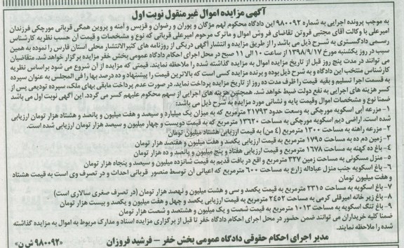 مزایده, مزایده مزرعه آبی به وسعت 21793 مترمربع