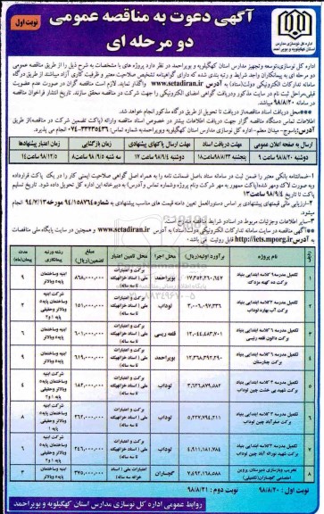 مناقصه , مناقصه تکمیل مدرسه 9 کلاسه ابتدایی