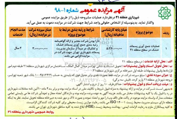 مناقصه عمومی, مناقصه عملیات جمع آوری پسماند خشک