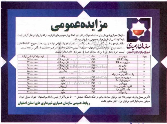 مزایده عمومی , مزایده فروش تعدادی از خودروهای کارکرده