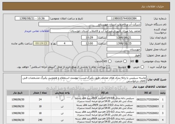 استعلام ماسه سیلیس با دانه بندی های مختلف طبق یکبرگ لیست پیوست استعلام و همچنین یکبرگ مشخصات فنی کالای درخواستی