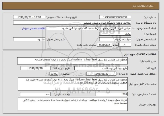 استعلام محلول ضد عفونی نانو سیل high level و   medium مارک رضاراد یا ایران کدهای مشابه 