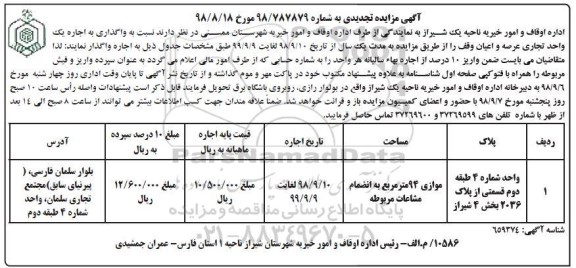تجدید مزایده, تجدید مزایده واگذاری به اجاره یک واحد تجاری 