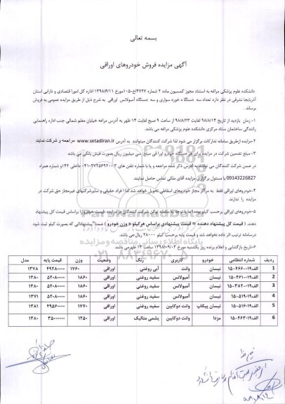 مزایده, مزایده فروش تعداد سه دستگاه خودرو سواری و سه دستگاه آمبولانس اوراقی