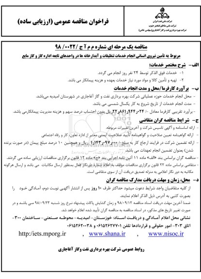 فراخوان مناقصه عمومی, مناقصه تامین نیروی انسانی انجام خدمات تنظیفات و آبدارخانه ها 