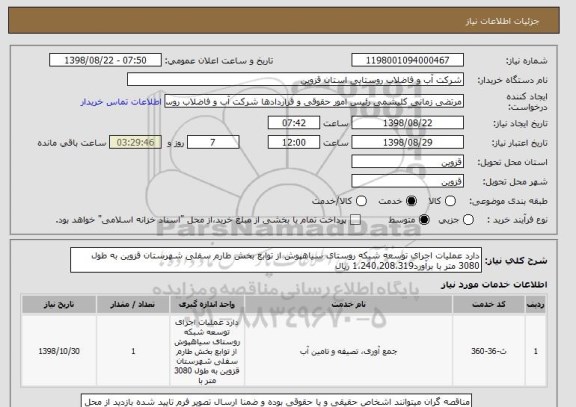 استعلام دارد عملیات اجرای توسعه شبکه روستای سیاهپوش از توابع بخش طارم سفلی شهرستان قزوین به طول 3080 متر با برآورد1،240،208،319 ریال 
