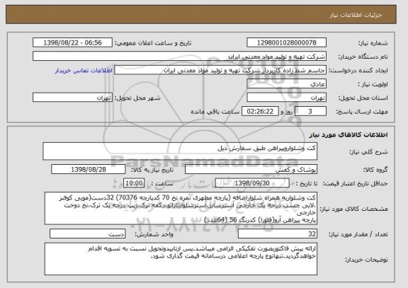استعلام کت وشلواروپیراهن طبق سفارش ذیل