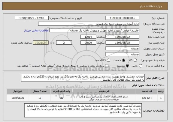 استعلام خدمات آموزشی واحد نهضت اداره آموزش وپرورش ناحیه یک به تعداد150نفر دوره انتقال و 220نفر دوره تحکیم به مدت یک سال مطابق فایل پیوست 