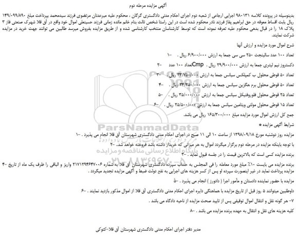 مزایده، مزایده فروش تعداد 100 عدد سالینجت 250 سی سی و... مرحله دوم