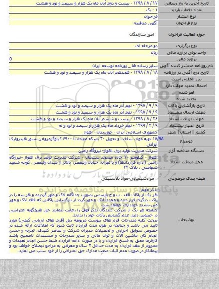 ۱۸/۹۸ تهیه مواد، ساخت و تحویل ۳۰ بشکه معادل با ۶۹۰۰ کیلوگرمروغن نسوز هیدرولیک ایرانی