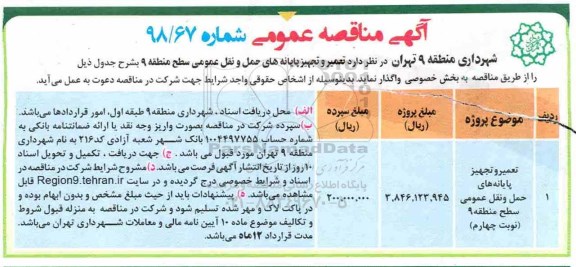 مناقصه , مناقصه تعمیر و تجهیز پایانه های حمل و نقل عمومی