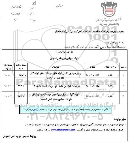 فراخوان , فراخوان رسوب زدایی داخل لوله های سردکننده های اولیه گاز...