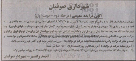 مزایده عمومی, مزایده واگذاری به اجاره بهره برداری تالار شهرداری - مرحله دوم نوبت اول