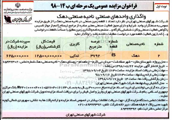 فراخوان مزایده عمومی ، فراخوان مزایده عمومی واگذاری واحدهای صنعتی