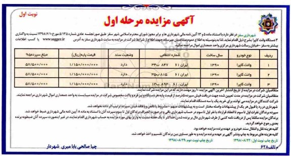 مزایده, مزایده سه دستگاه وانت کاپرا