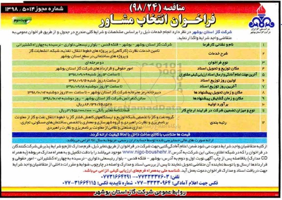 آگهی مناقصه عمومی, مناقصه تامین خدمات نظارت (کارگاهی) بر پروژه های خطوط انتقال، تغذیه ... - نوبت دوم 