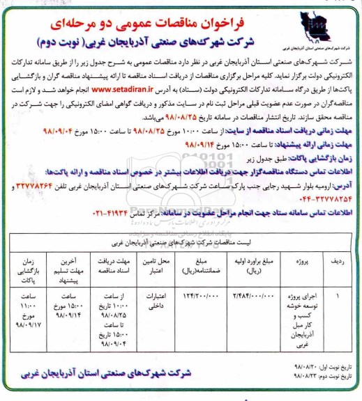 فراخوان مناقصات عمومی، فراخوان مناقصات عمومی اجرای پروژه توسعه خوشه کسب و کار مبل - نوبت دوم