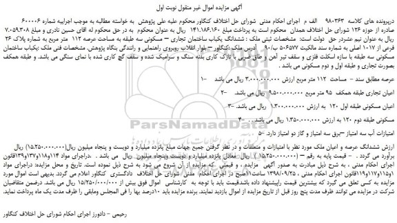 مزایده، مزایده فروش ششدانگ یکباب ساختمان تجاری – مسکونی