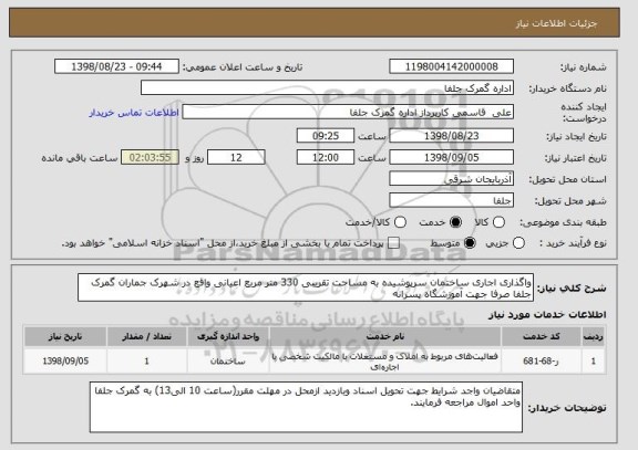 استعلام واگذاری اجاری ساختمان سرپوشیده به مساحت تقریبی 330 متر مربع اعیانی واقع در شهرک جماران گمرک جلفا صرفا جهت آموزشگاه پسرانه