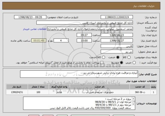 استعلام آبیاری و مراقبت طرح بیابان زدایی شهرستان نی ریز