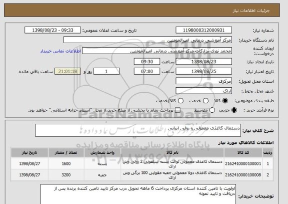 استعلام دستمال کاغذی معمولی و رولی ایرانی 