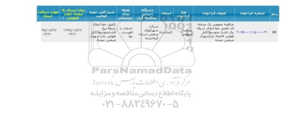 مناقصه، مناقصه تکمیل خط انتقال شبکه برق فشار متوسط (کابل هوایی فاصله دار) 