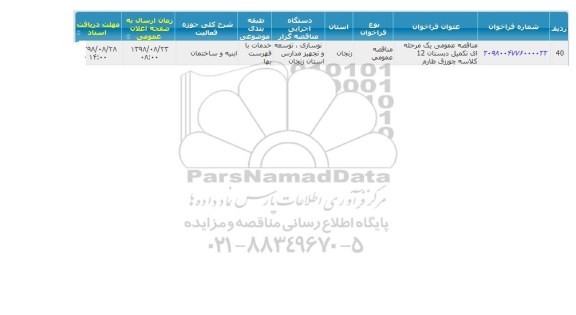 مناقصه تکمیل دبستان 12 کلاسه