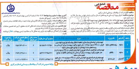 مناقصه عمومی ,مناقصه اجرای پروژه آبرسانی به روستاهای استان...