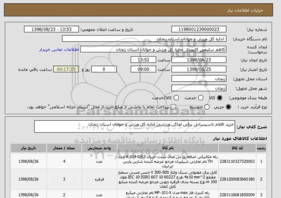 استعلام خرید اقلام تاسیساتی برقی اماکن ورزشی اداره کل ورزش و جوانان استان زنجان