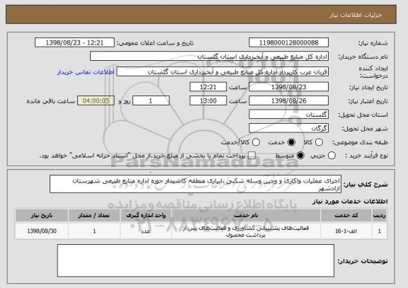 استعلام اجرای عملیات واکاری و وجین وسله شکنی ،ابیاری منطقه کاشیدار حوزه اداره منابع طبیعی شهرستان ازادشهر