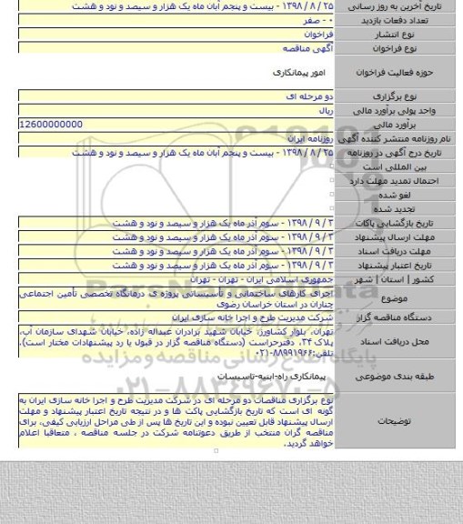 اجرای کارهای ساختمانی و تأسیساتی پروژه ی درمانگاه تخصصی تأمین اجتماعی چناران در استان خراسان رضوی