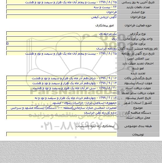 تعمیرات اساسی منازل سازمانی(منطقه ۱۰۰ دستگاه) ایستگاه مشهد و سرخس