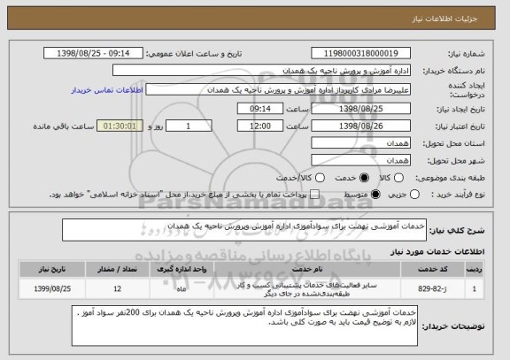 استعلام خدمات آموزشی نهضت برای سوادآموزی اداره آموزش وپرورش ناحیه یک همدان 