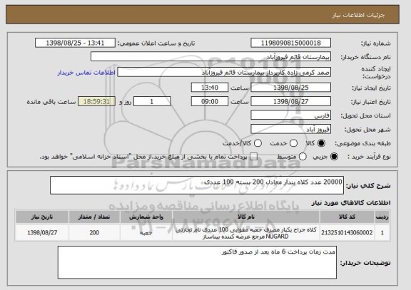 استعلام 20000 عدد کلاه بندار معادل 200 بسته 100 عددی 