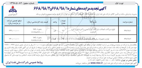 تجدید مزایده ، مزایده انواع شیرآلات، اتصالات، ابزار آلات، لوازم ایمنی و آتش نشانی و غیره کارنکرده و ... تجدید