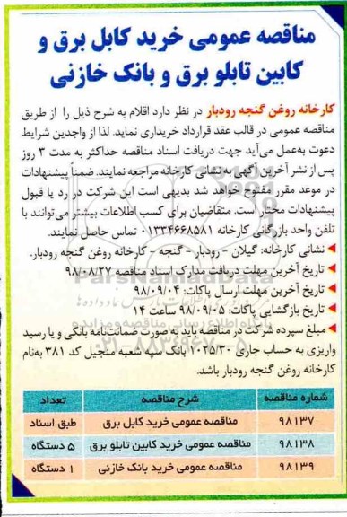 مناقصه، مناقصه خرید کابل برق و ...