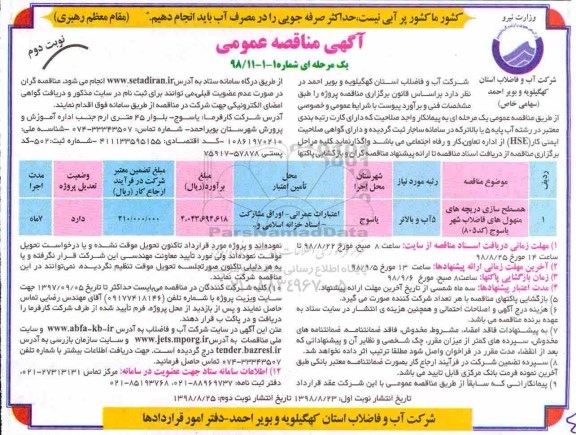 مناقصه , مناقصه همسطح سازی دریچه های منهول های فاضلاب شهر - نوبت دوم