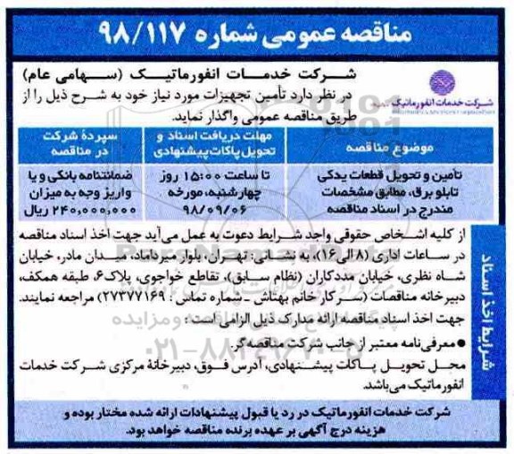 مناقصه عمومی , مناقصه تامین و تحویل قطعات یدکی تابلو برق