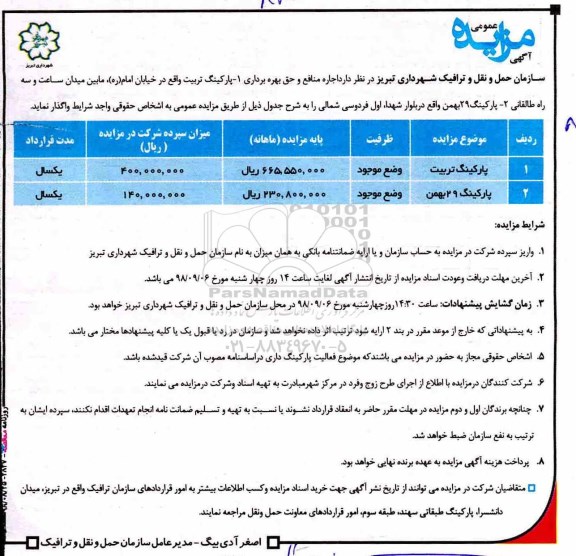 مزایده، مزایده اجاره منافع و حق بهره برداری از پارکینگ
