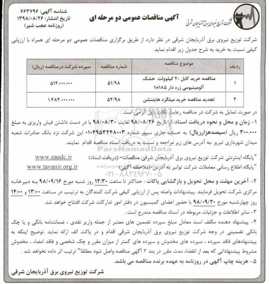 مناقصه عمومی، مناقصه خرید کابل و میلگرد 