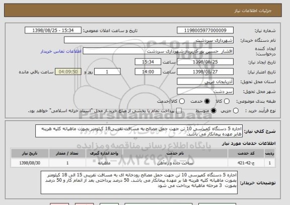 استعلام اجاره 5 دستگاه کمپرسی 10 تن جهت حمل مصالح به مسافت تقریبی18 کیلومتر بصورت ماهیانه کلیه هرینه هابر عهده پیمانکار می باشد.