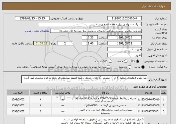 استعلام میز تحریر (تولیدی صنعت گران )- صندلی گردان و صندلی تابت قیمت پیشنهادی حتما در فرم پیوست قید گردد